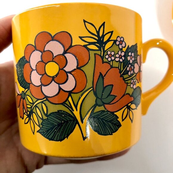 CARTWRIGHT & EDWARDS Vintage 4 Pce Yellow Orange Floral Midcentury Cup & Saucer - Picture 6 of 16
